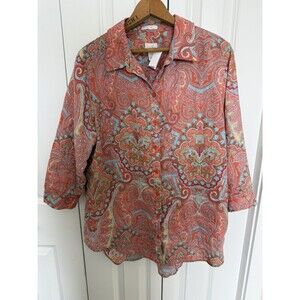 Chico’s Womens Paisley 100% Linen No Iron Button Up 3/4 sleeve Shirt Sz 2 / L